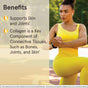 A woman in a bright yellow workout outfit stretches her leg outdoors. Text highlights how Jarrow Type II Collagen Complex 1000mg capsules support skin, joints, and connective tissues; disclaimer appears at the bottom.