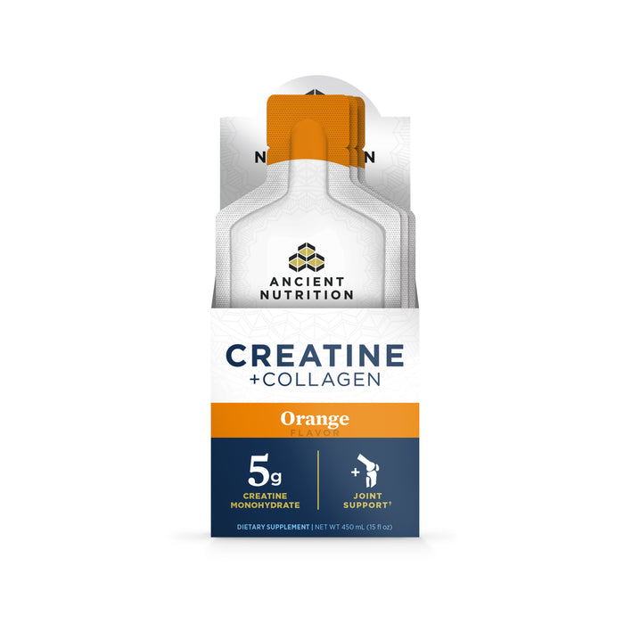Box of Ancient Nutrition Creatine + Collagen Gel Packs, orange flavor, each with 5g creatine monohydrate for muscle recovery and joint support. White and orange packaging with individual stick packs included.