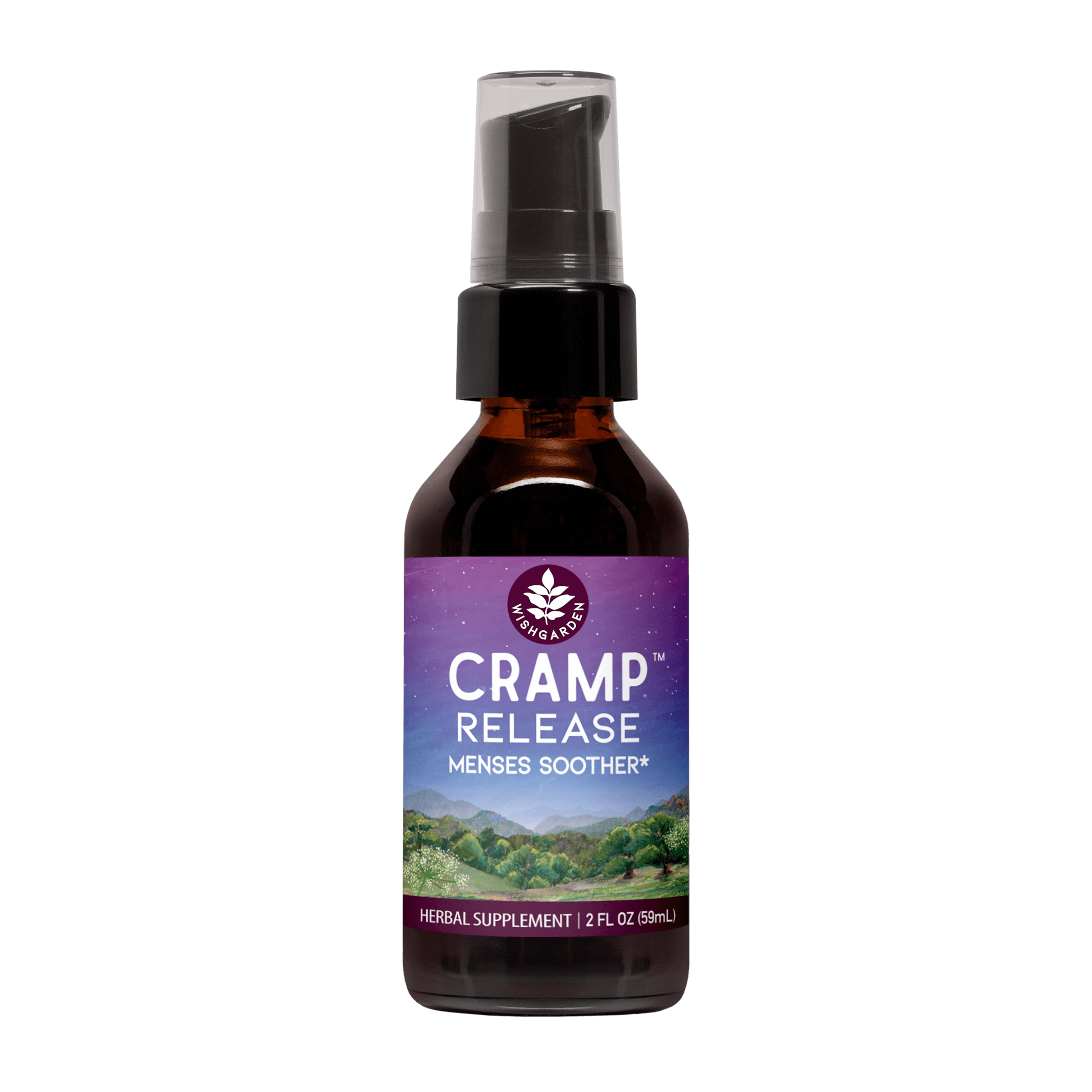 A 2 fl oz brown spray bottle of WishGarden Herbs Cramp Release, labeled for natural cramp relief and menstrual support, features a purple label with green hills and a night sky.