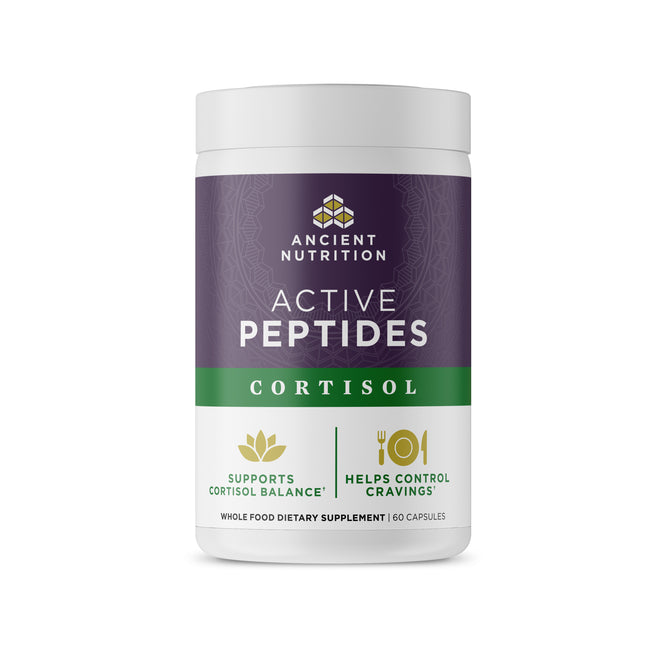 A white bottle of Ancient Nutrition Active Peptides Cortisol Capsule, designed to support cortisol balance, stress relief, and appetite control, containing 60 capsules.