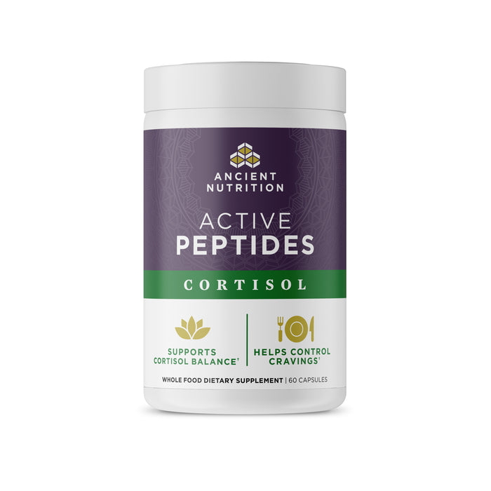 A white bottle of Ancient Nutrition Active Peptides Cortisol Capsule, designed to support cortisol balance, stress relief, and appetite control, containing 60 capsules.