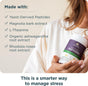 A person holds a bottle labeled "Active Peptides Cortisol Capsule" from Ancient Nutrition. The text lists key ingredients: yeast-derived peptides, magnolia bark extract, L-Theanine, ashwagandha root, and rhodiola rosea root. Caption: A smarter way to manage stress and support cortisol balance with Ancient Nutrition for effective stress relief.