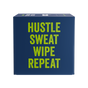 The Caboo Fitness Dry Wipe comes in a dark blue box with bold, bright green "HUSTLE SWEAT WIPE REPEAT" text—ideal for a refreshing post-workout or gym cleanse with its convenient bamboo dry wipe.
