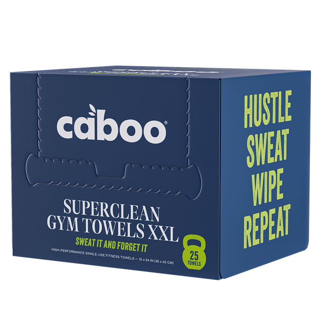 A blue box of Caboo Fitness Dry Wipe XXL, featuring "Hustle Sweat Wipe Repeat" in bold on the side and green/white lettering. Contains 25 single-use bamboo dry wipes for gym cleansing.