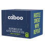 A blue box of Caboo Fitness Dry Wipe XXL, featuring "Hustle Sweat Wipe Repeat" in bold on the side and green/white lettering. Contains 25 single-use bamboo dry wipes for gym cleansing.