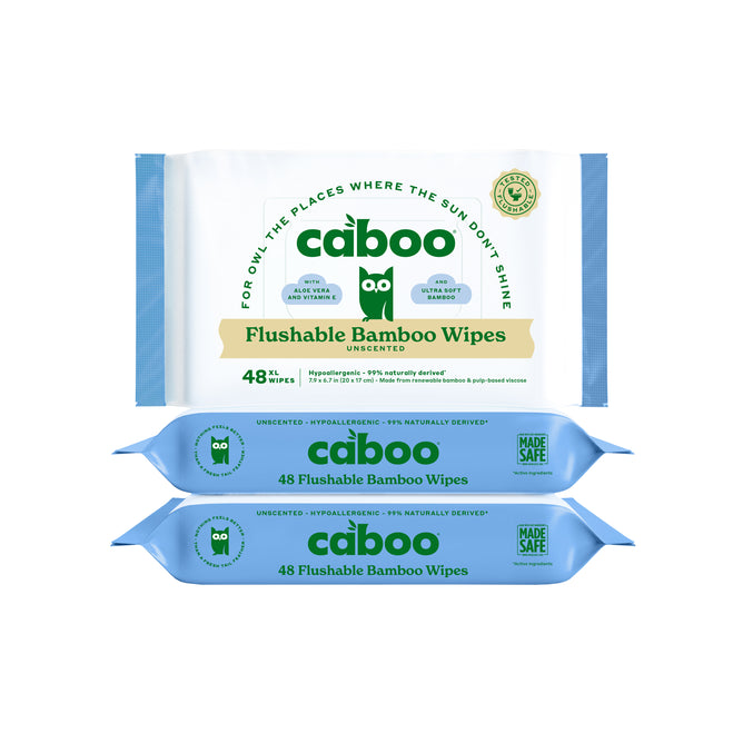 Three Caboo Flushable Bamboo Wipes packs—two blue and one white—are arranged together. Each unscented, septic-safe pack contains 48 wipes with green and blue labeling. Total: Pack of 3.