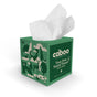 A green cube box of Caboo Lotion Facial Tissue holds 50 unscented, tree-free bamboo tissues. Illustrated with animals and trees, the eco-friendly package shows a 3-ply tissue emerging from the top.