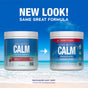 Two containers of Natural Vitality MAXCALM Powder Cherry are side by side, with the old design on the left and the new design on the right, set against a beach background. Text: NEW LOOK! SAME GREAT FORMULA.