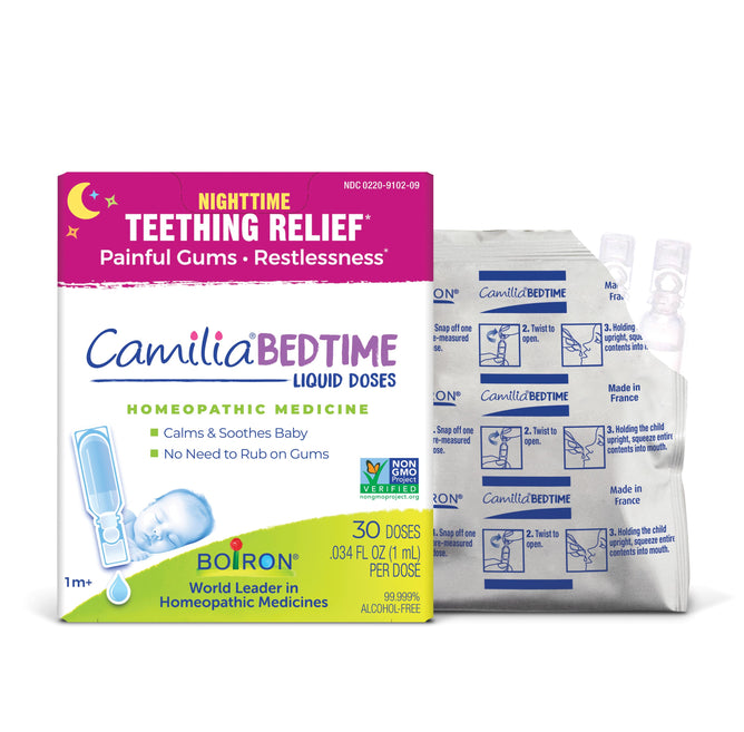 Boiron Camilia® Bedtime 30 doses, a homeopathic medicine for nighttime teething discomfort in babies, comes with individual liquid dose packets and features soothing benefits on its packaging.