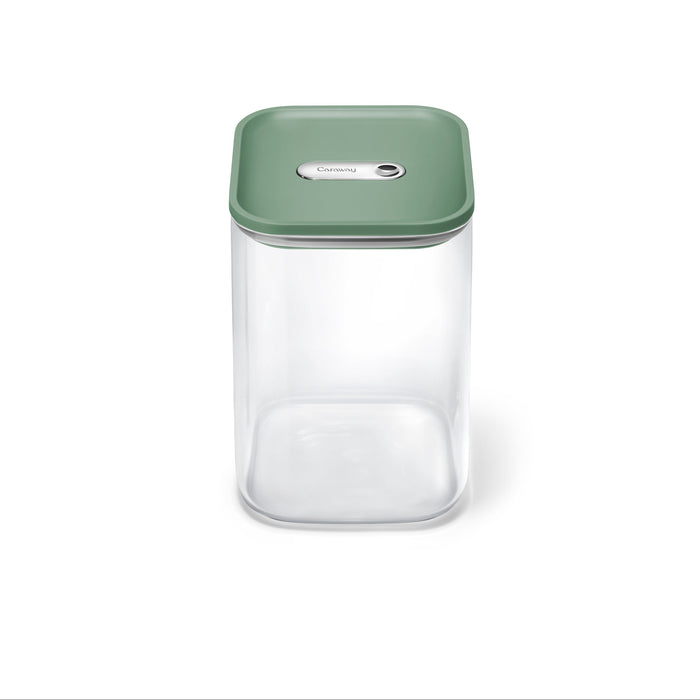The Caraway Glass Large Container, 4 qt, features a green lid and a rectangular metal label on top—ideal for pantry storage—displayed against a white background.