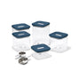 The Caraway Glass Airtight Container Set (14-pc) features clear containers with blue lids and includes three metal measuring scoops, ideal for effortless pantry organization.
