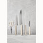 The Caraway 5 Piece Knife Set by Caraway, featuring four German stainless steel knives and scissors with matching off-white ergonomic handles, is displayed vertically against a light gray textured background.