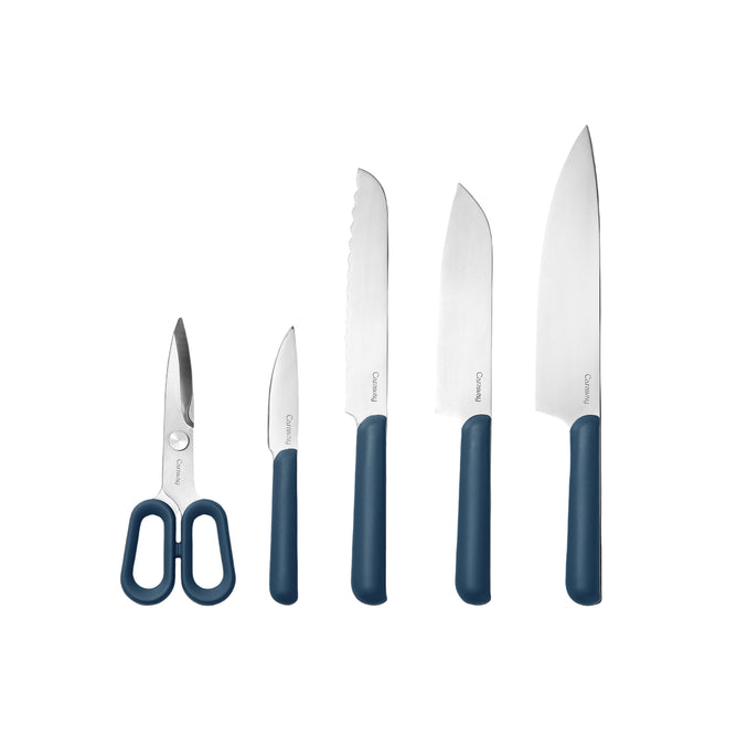 The Caraway 5 Piece Knife Set features four German stainless steel knives of various sizes and styles plus scissors, all with ergonomic blue handles, displayed on a black background.