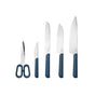 The Caraway 5 Piece Knife Set features four German stainless steel knives of various sizes and styles plus scissors, all with ergonomic blue handles, displayed on a black background.