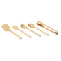 The Caraway 5 Piece Utensil Set includes a flat spatula, spoon spatula, mixing spoon, pasta server, and tongs—ideal for ceramic-coated pans. Each features light wood handles and metal Caraway labels for a stylish touch.
