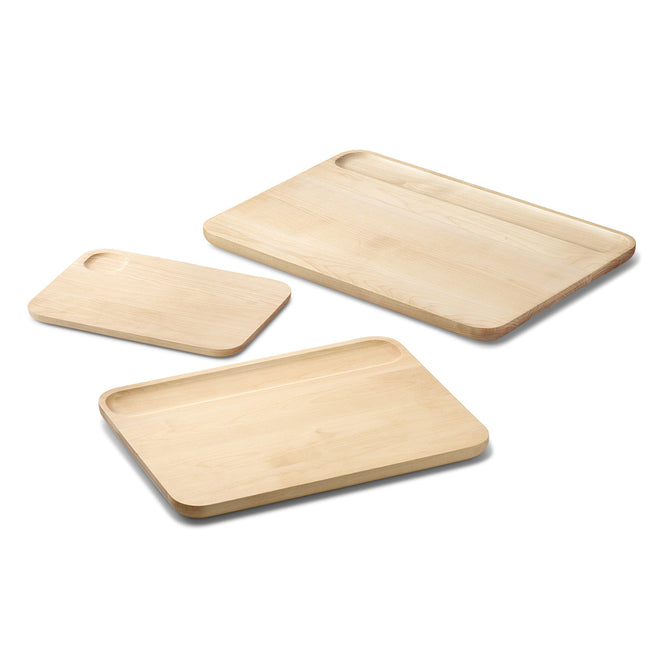 Three Caraway Birch Wood Boards of varying sizes, made from FSC-certified birch and designed with recessed handles and shallow perimeter channels, are displayed on a white background.