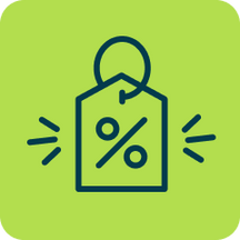A dark blue outline of a price tag with a percent symbol and accent lines, on a bright green background. The image suggests a discount or sale offer.