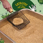 A hand scoops clumped Catalyst Pet Multi-Cat Upcycled Natural Pine Clumping Cat Litter with a black scoop from a box. The background displays the Catalyst Pet logo and a waving cartoon cat.
