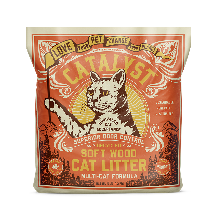 A bag of Catalyst Pet Multi-Cat Upcycled Natural Pine Clumping Cat Litter featuring a vintage cat illustration, highlights natural odor control, upcycling, and multi-cat use in bold orange and yellow tones.