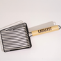 A Catalyst Pet Wide Slatted Litter Scoop with a black metal design and durable wooden handle is shown on a white background.