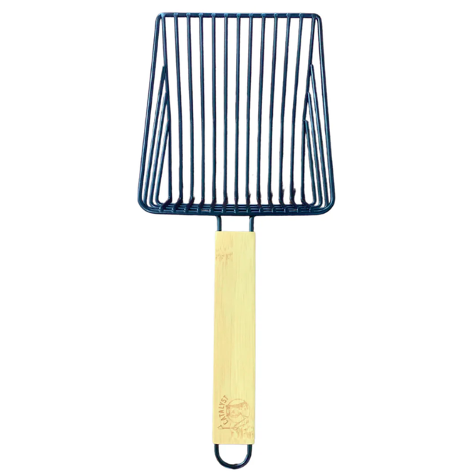 The Catalyst Pet Wide Slatted Litter Scoop features a metal wire rectangular grid head and a light wooden handle, designed for efficient sifting or scooping.