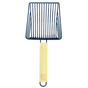The Catalyst Pet Wide Slatted Litter Scoop features a metal wire rectangular grid head and a light wooden handle, designed for efficient sifting or scooping.