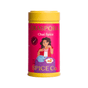 A yellow tin of Diaspora Spice Co. Chai Spice with a pink label featuring an illustration of a woman drinking chai at a table with a plate of food, crafted with fragrant single-origin spices and chai masala from Diaspora Spice Co.