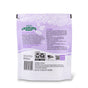 Back of a purple Charlie's Soap Laundry Booster & Hard Water Treatment Powder bag featuring a white floral design, instructions, usage directions, warnings, barcodes, logos, and QR code in black and white text.