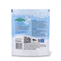 Back of a Charlie's Soap Oxygen Bleach Powder bag with product info, laundry and surface cleaning instructions, barcode, recycling symbols, blue-and-white floral design. Contains a chlorine-free laundry booster and fabric stain remover.