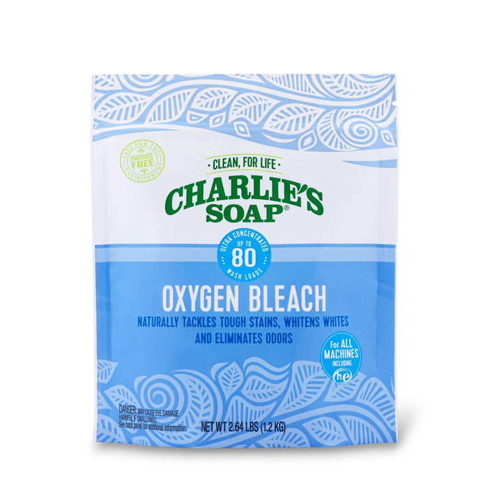 A blue and white 2.64 lb (1.2 kg) bag of Charlie's Soap Oxygen Bleach Powder, a chlorine-free, eco-friendly laundry booster and fabric stain remover for all machines; handles up to 80 loads.