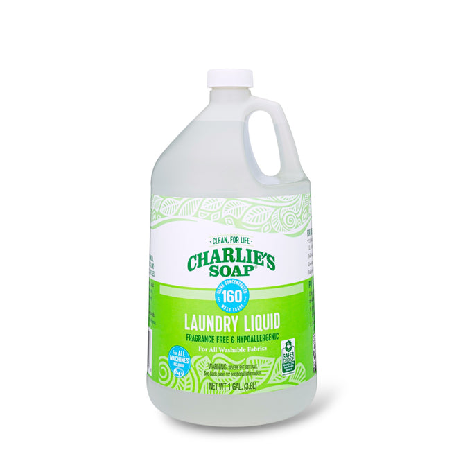 A one-gallon bottle of Charlie’s Soap Liquid Laundry Detergent - Ultra Concentrated with a white cap and green label is fragrance free, hypoallergenic, and delivers residue-free cleaning for all washable fabrics.