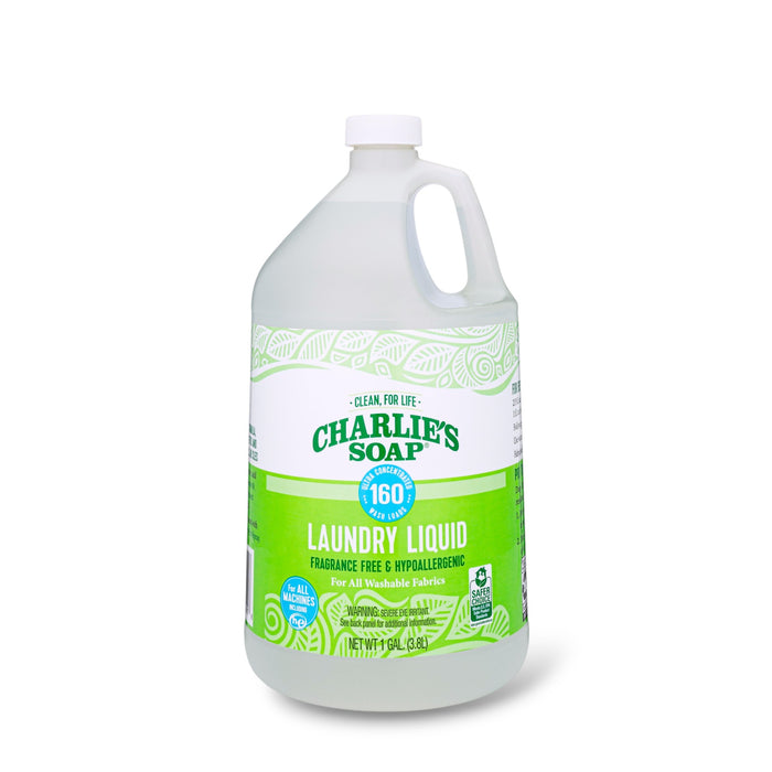 A one-gallon bottle of Charlie’s Soap Liquid Laundry Detergent - Ultra Concentrated with a white cap and green label is fragrance free, hypoallergenic, and delivers residue-free cleaning for all washable fabrics.