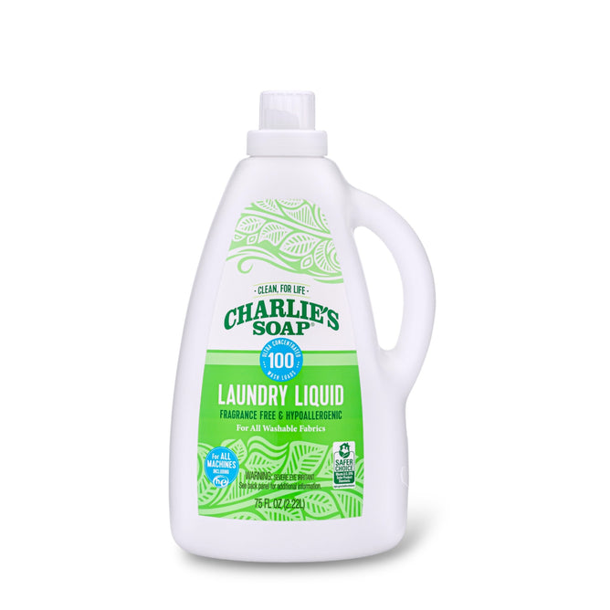 A white bottle of Charlie's Soap Liquid Laundry Detergent - Ultra Concentrated features a handle, white cap, green label, and is fragrance-free, hypoallergenic, residue-free, and safe for all washable fabrics.