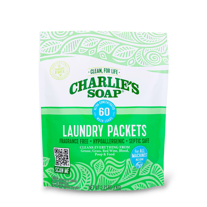 A green and white bag of Charlie's Soap Powder Laundry Pods - Ultra Concentrated, featuring 60 fragrance-free, hypoallergenic, septic-safe pods suitable for all machines. The packaging displays various cleaning benefits.