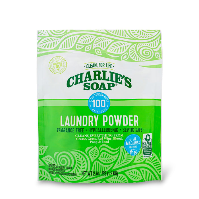 A white and green bag of Charlie’s Soap Powder Laundry Detergent - Ultra Concentrated, 2.64 lb, fragrance-free, hypoallergenic, septic safe, for all machines; provides 100 residue-free loads.