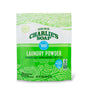 A white and green bag of Charlie’s Soap Powder Laundry Detergent - Ultra Concentrated, 2.64 lb, fragrance-free, hypoallergenic, septic safe, for all machines; provides 100 residue-free loads.