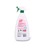 Charlie’s Soap Laundry Pre-Spray Stain Remover features a white bottle with a green nozzle and a back label with pink text, instructions, icons, a barcode, and a blue certification badge—ideal for treating laundry stains.