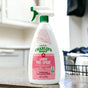 A bottle of Charlie's Soap Laundry Pre-Spray Stain Remover sits on a kitchen counter with a dish rack and blurred kitchen items in the background. The pink and white label features green accents.
