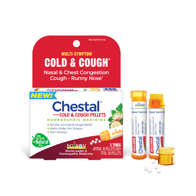 A box and two tubes of Boiron Chestal Cold & Cough Pellets, a non-drowsy medicine for cough, nasal and chest congestion, and runny nose. Four white pellets are displayed beside the tubes.