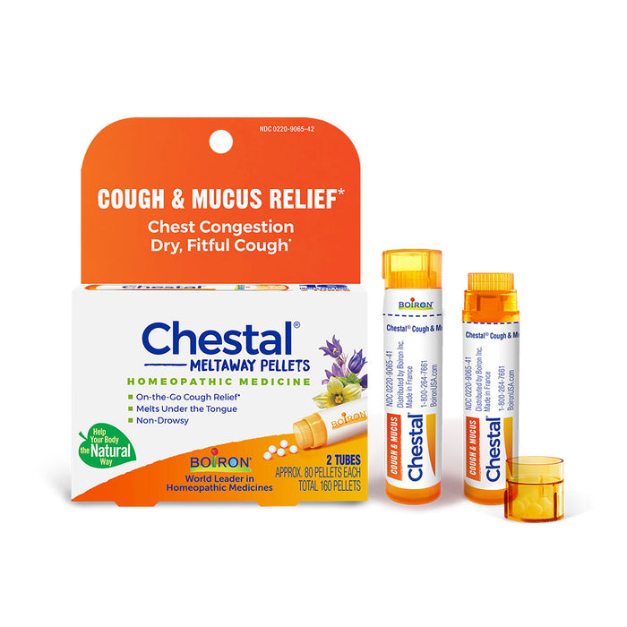 A box of Boiron Chestal Meltaway Pellets, Cough & Mucus Relief, is shown with two yellow tubes. The packaging emphasizes natural ingredients and effective symptom relief.