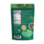Back of a Kuli Kuli Foods Organic Moringa Green Smoothie + Protein pouch showing nutrition facts, ingredients, protein superfood benefits, prep instructions, and green leafy designs on the packaging.
