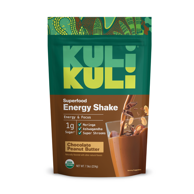A stand-up pouch of Kuli Kuli Foods Organic Moringa Green Smoothie + Protein in Chocolate Peanut Butter, with green and brown colors and labels highlighting plant protein, moringa greens, ashwagandha, and super shrooms.