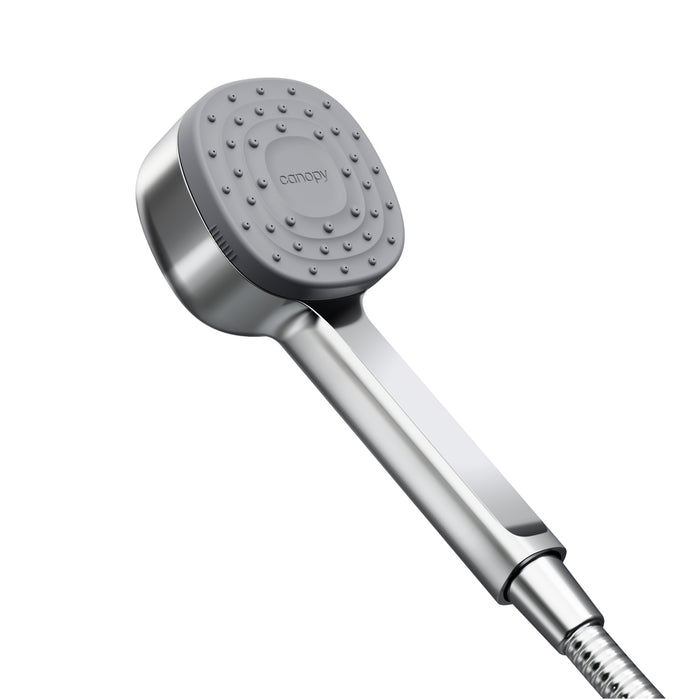 Chrome shower head with gray handle on a white background
