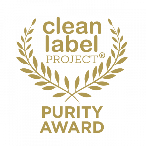 Gold laurel wreath surrounding the words clean label PROJECT PURITY AWARD on a white background, representing an award for product purity and clean labeling standards.