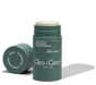 A green tube of Cleo & Coco Extra Strength Deodorant with activated charcoal in Basil Mint stands upright, cap off and beside it. The partially raised stick highlights its 24-hour protection.