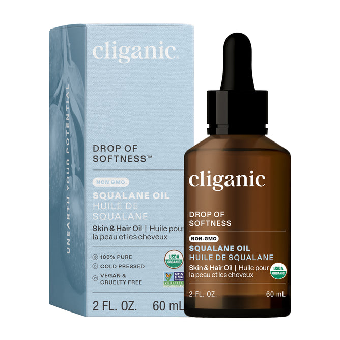 A 2 fl oz (60 ml) bottle of Cliganic Non-GMO Squalane Oil with a dropper is shown beside its box, which notes the oil is cruelty-free, USDA organic, and suitable for skin and hair.