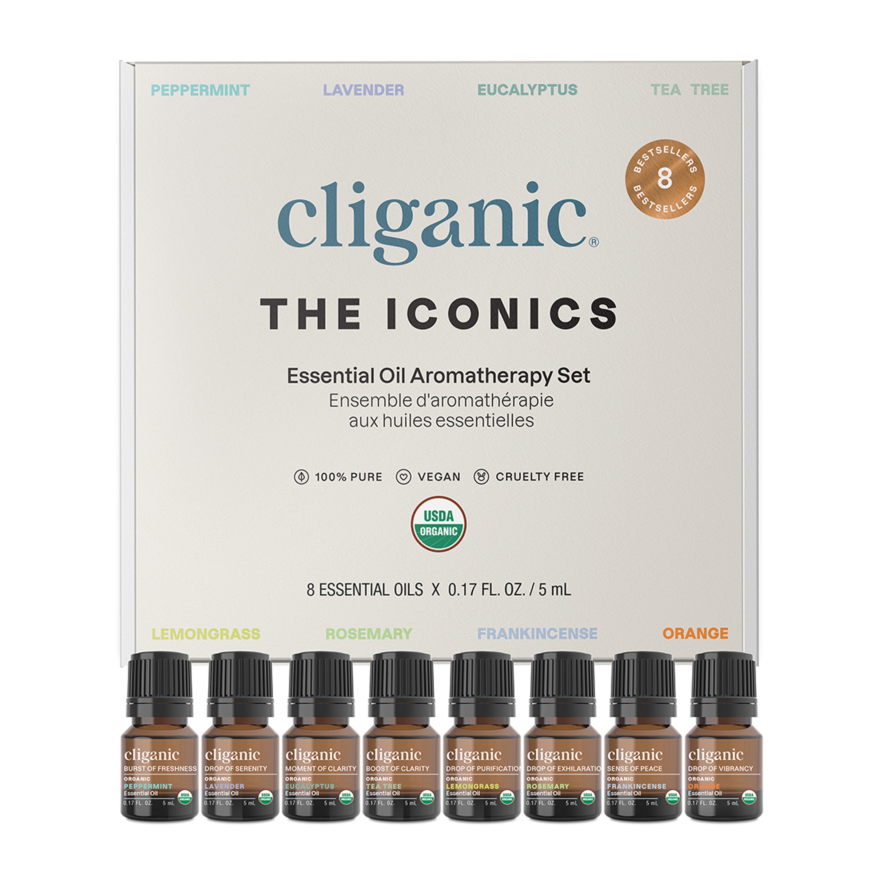 A box labeled Cliganic Organic Aromatherapy Set, Top 8 contains eight small bottles of USDA certified organic essential oils, with the names of each oil displayed above the respective bottle.