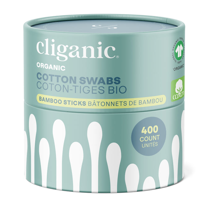 A round teal container of Cliganic Organic Cotton Swabs Bamboo Cotton Swabs (400 count), with hypoallergenic, eco-friendly packaging, white cotton swab illustrations, and bilingual English-French text.