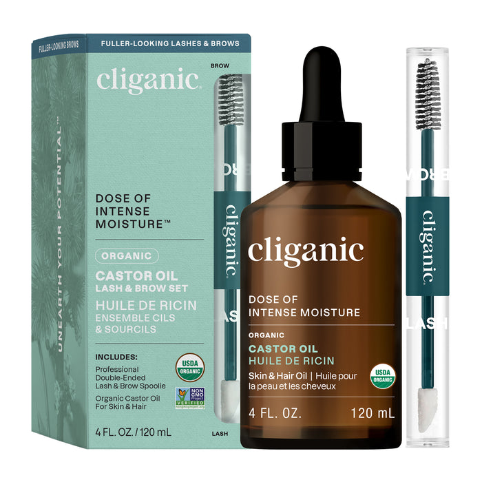 Cliganic Organic Castor Oil Lash & Brow Set includes a 4oz brown dropper bottle, dual-ended applicator brush, and teal & white box. USDA organic certified—your complete eyelash kit.