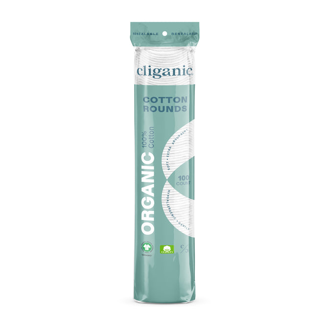 Cliganic Organic Cotton Rounds, 100 count, come in teal and white packaging with icons highlighting their resealable, cruelty-free, and sustainably made features. Lint-free and eco-friendly.